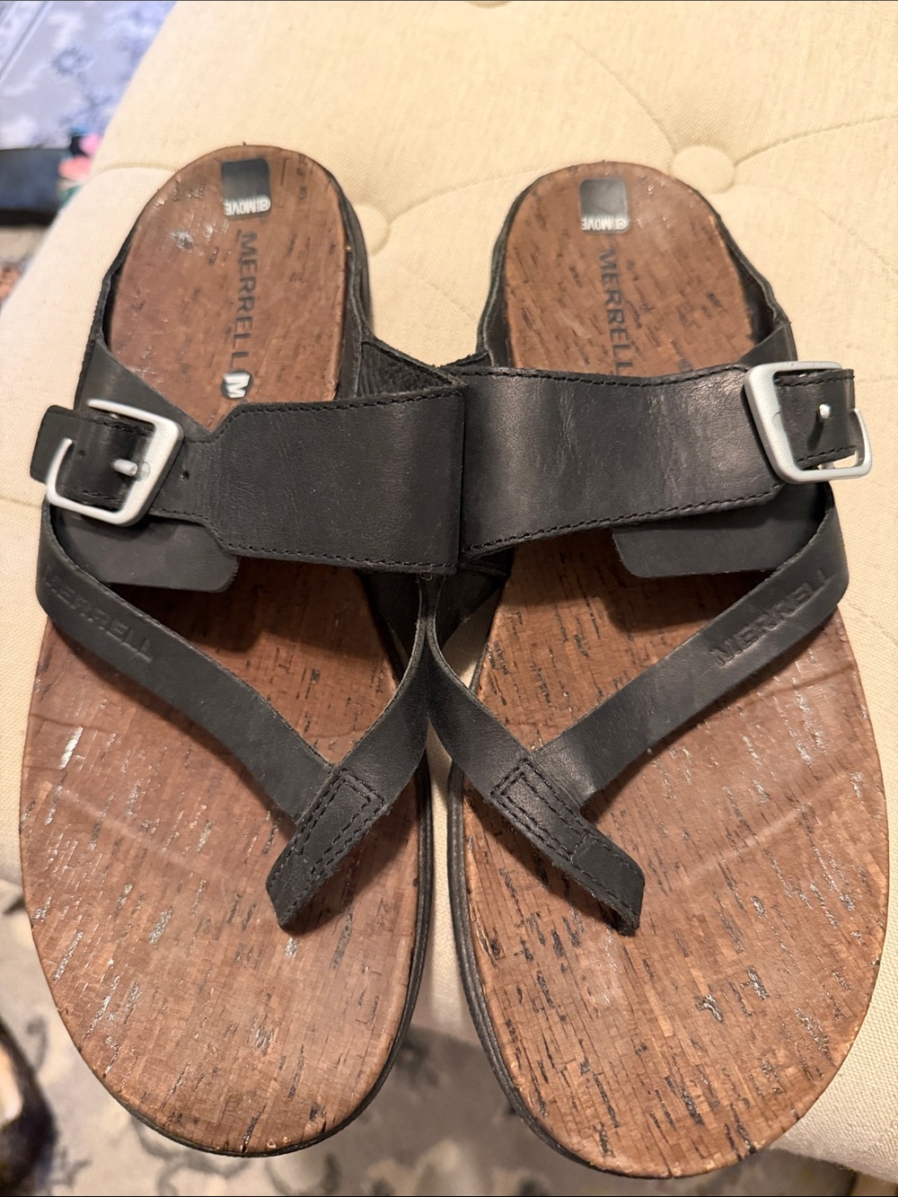 Merrell Black Leather Toe-Loop Buckle Sandals- worn once inside store!!!